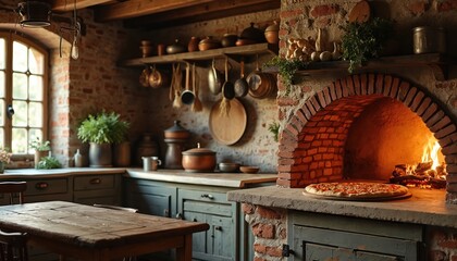 Rustic Italian kitchen features a traditional brick pizza oven with a pizza cooking inside. Antique wooden furniture, hanging garlic, and herbs create a warm, inviting atmosphere.