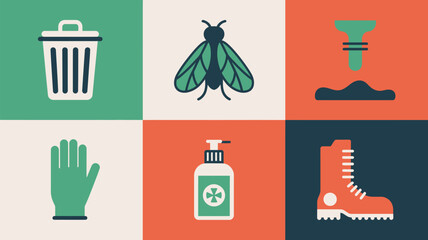 Illustrated icons showing trash can, fly, plunger, glove, sanitizer and boot displayed in a grid format