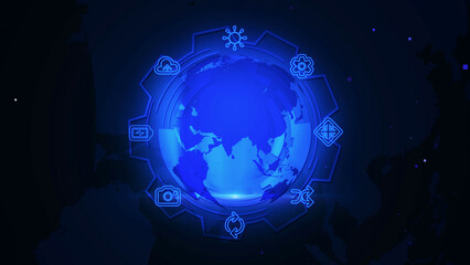 Futuristic Technology Globe with Digital Icons in a Deep Blue Universe