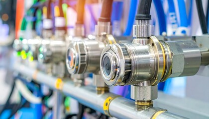 Industrial metallic devices aligned on a rack