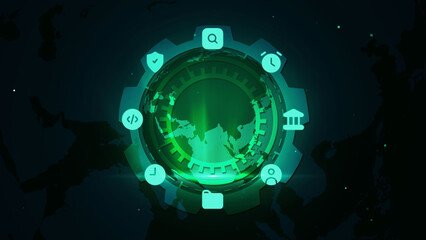 Futuristic Digital Interface with World Map and Technology Icons in Green Glow