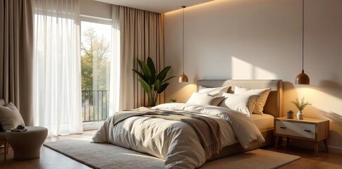 Obraz premium Serene bedroom interior, soft lighting, plush bedding, and calming decor creating a peaceful atmosphere perfect for relaxation and restful sleep , calm, tranquility, interior