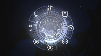 Futuristic Technology Interface Hologram with Financial and Cryptocurrency Icons