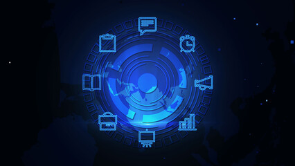 Obraz premium Futuristic Digital Interface with Various Technology Icons in Blue