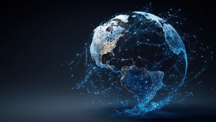 Global network sphere.  Earth globe,  detailed network,  dark background