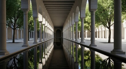 Tranquil Courtyard Arcade Reflection in Water