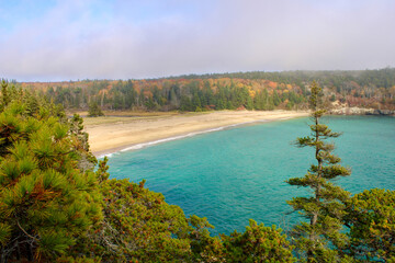 Empty beach in Maine surrounded by a forest filled with fall colors