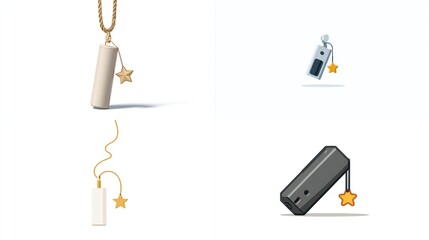 Four stylized pendants with star charms on cords isolated on a plain background