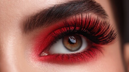 Obraz premium An intriguing close-up displays a striking eye featuring vivid red eyeshadow and voluminous eyelashes.