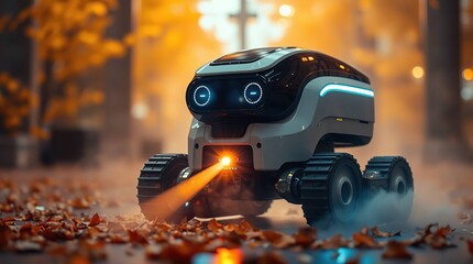 Robot scanning autumn park path.