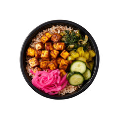 Delicious and Healthy Tofu Bowl with Brown Rice, Pickled Onions, and Cucumbers
