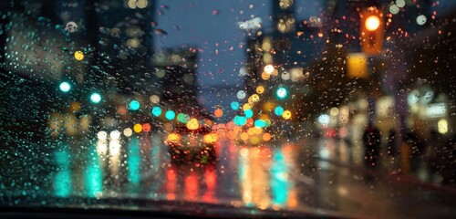 Fototapeta premium Blurry city lights through a rain-streaked windshield at night