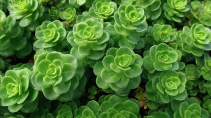 A cluster of vibrant green succulent plants fills the garden space, showcasing their unique layered rosette shapes under bright sunlight, creating a lush and lively atmosphere.