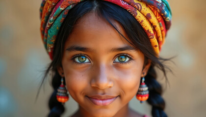 Obraz premium Close-up portrait of young girl with bright green eyes, wearing colorful headwrap, detailed beaded earrings. Brown hair braided, fair skin subtle freckles. Girl expression gentle, engaging.