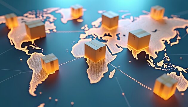 Digital map visualizing global shipping, logistics networks. Cardboard boxes represent packages connected by advanced technology, efficient international trade, supply chain operations. Graphic
