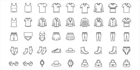 Collection of clothing and accessory line art icons on white background fashion apparel