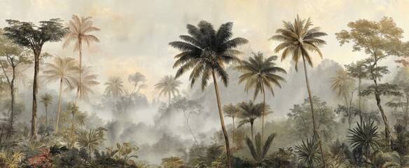 Misty jungle landscape with towering palm trees