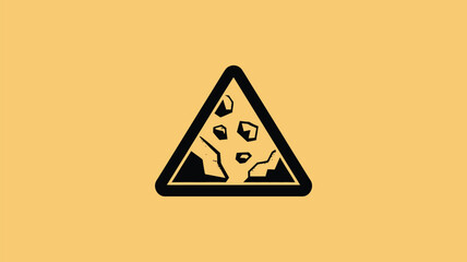 A black triangle warning sign with falling rocks and debris on a light orange colored background plain