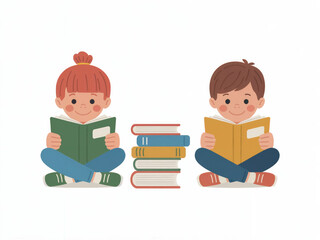 Cute cartoon children reading books, diverse kids with stacks of books, studying, learning, education, school illustration, isolated on white background, vector design for education and learning
