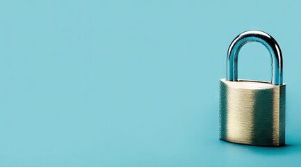 Fototapeta premium A brass padlock with a shiny chrome shackle sits on a light blue background, angled slightly to the right, leaving ample copy space to the left