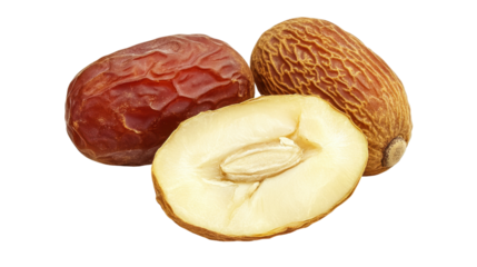 Dried Chinese Red Dates in Various Stages Including Whole and Sliced Pieces on Transparent Background