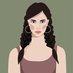 Portrait of a beautiful  woman.  dark hair braided into two spikelet braids . Avatar for social media. Diversity. Bright vector illustration in flat realistic style.