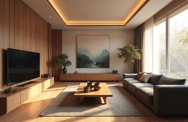 Contemporary Korean-style family room featuring modern living space with minimalist decor. Includes grey sofa, wooden furniture, large television. Natural light streams through floor-to-ceiling