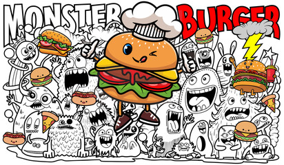 BURGER CARTOON ILLUSTRATION AND BACKGRAUND DOODLE ART