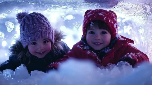 Two children in warm winter clothes smiling and playing in snow inside ice cave. Fun childhood video for winter holiday, Christmas, and seasonal concepts.