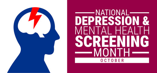 National Depression and Mental Health Screening Month background, banner, card or poster design template is observed every year during October, to raise awareness about the mission. Vector