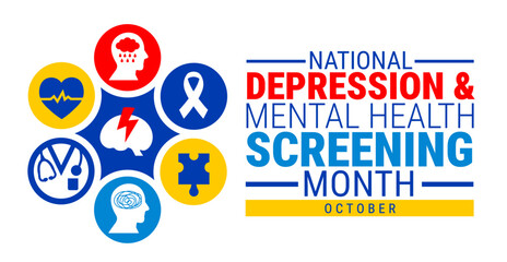 National Depression and Mental Health Screening Month background, banner, card or poster design template is observed every year during October, to raise awareness about the mission. Vector