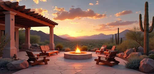 Desert landscape patio with pergola, fire pit, and wooden furniture. Serene sunset view with mountains and cacti. Modern backyard design for relaxation and outdoor living.