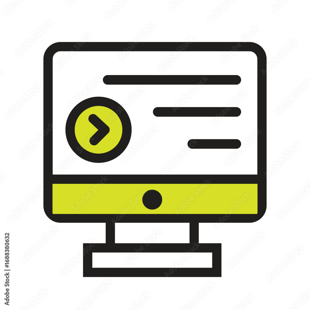 Fototapete modern computer monitor icon displaying a web page or media content with a play/next button, symboli