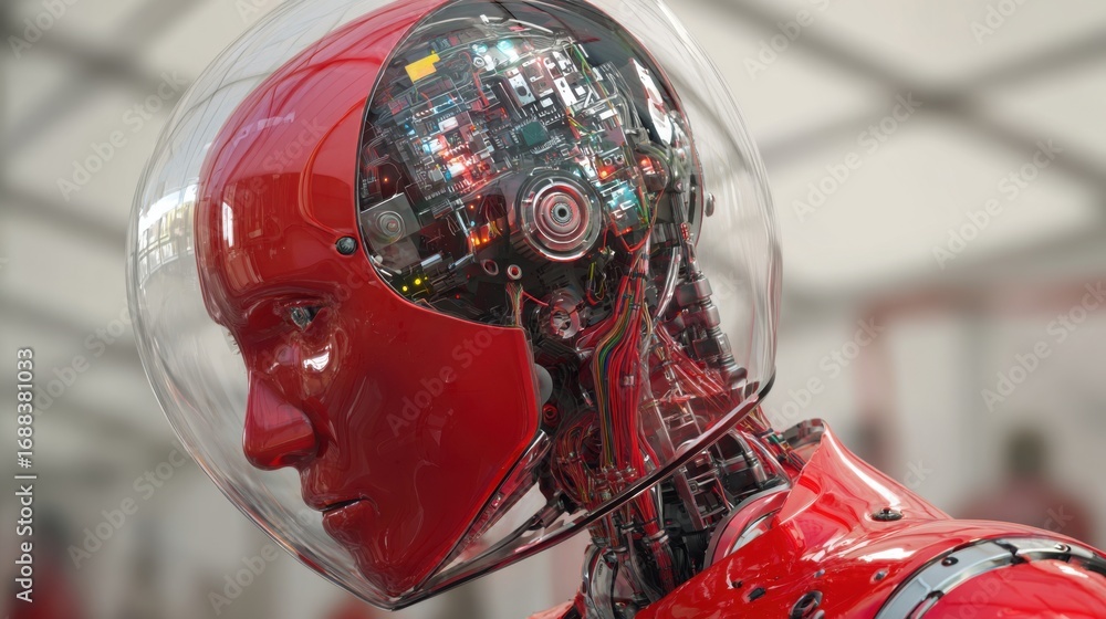 Poster a striking robotic head with a transparent dome reveals intricate internal circuitry and glowing com