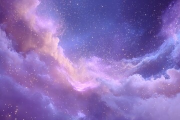 Fototapeta premium Vast, ethereal clouds painted in soft purples and pinks, dusted with golden stars