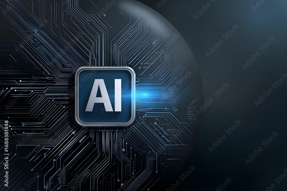 Poster an ai logo in blue and silver on a dark background with circuit board patterns,