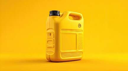 A bright yellow plastic canister with a black cap and handle sits on a matching yellow background, subtly angled to show its form and texture