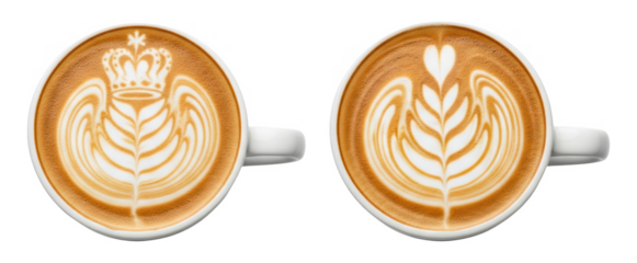 Two white coffee mugs with different Rosetta latte art designs, top view on a pure white background, PNG