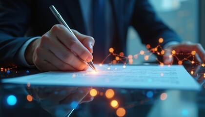 Businessman signing digital contract, business innovation concept. Technology connection, verification, compliance, finance, network, futuristic strategy, secure data processing.