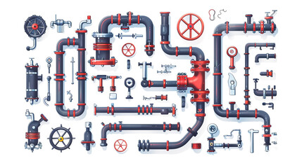 Vector industrial pipes and valves schematic, white background.
