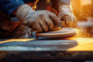 Hands Man with Electrical Rotating Brush Metal Disk Sanding a Piece of Wood