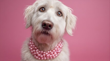 A fluffy white dog adorned with a sparkling pearl necklace gazes charmingly at the camera with bright brown eyes, set against a soft pink background.