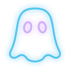 Doodle Neon Signboard of a cute glowing ghost in blue and purple tones, ideal for Halloween decoration with transparent background