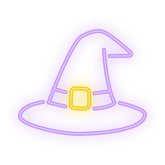 Doodle Neon Signboard of a glowing purple witch hat with yellow buckle, perfect for Halloween party decoration and transparent design