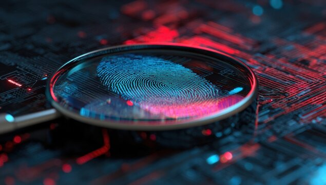 Magnifying glass over a fingerprint on a circuit board