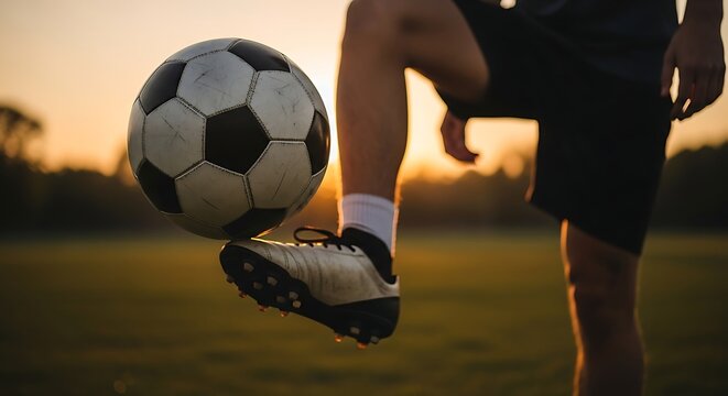 Dynamic soccer player balancing ball on foot during outdoor training at sunset