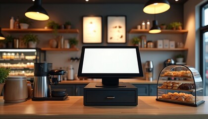 Modern coffee shop counter features digital POS system with blank screen menu board. Displayed pastries in glass case, espresso machine. Optimized for retail, hospitality business, technology themes.