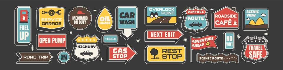 Fototapeta premium Retro sticker set. Scenic view, cafe, garage and fuel signs in 50s road trip theme. Mid Century style illustration on dark background