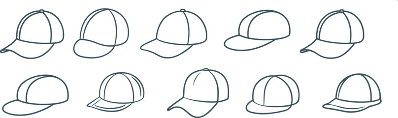Multiple Outline Icons of Baseball Caps Viewed from Different Angles Keywords: baseball cap, hat