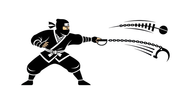 Black Ninja Warrior Throwing Kusarigama Weapon Illustration.
